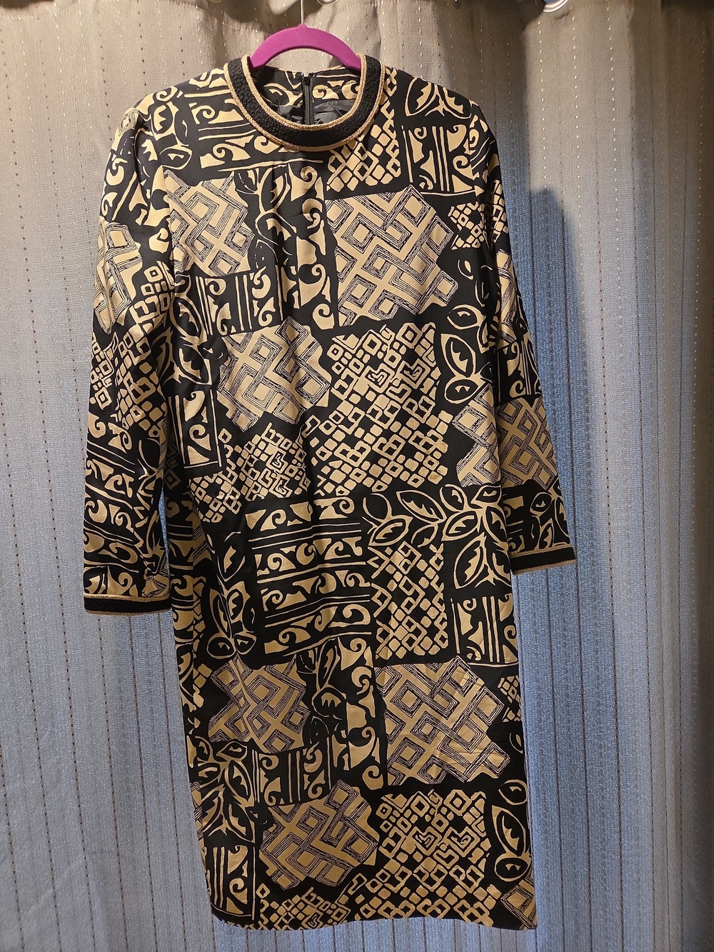 Vintage Anne Crimmins 100% Silk Tribal Print Sheath Dress Size 8 Black Tan
